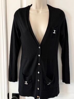 White House Black Market Black Button Cardigan Sweater M Silver Pocket Detail